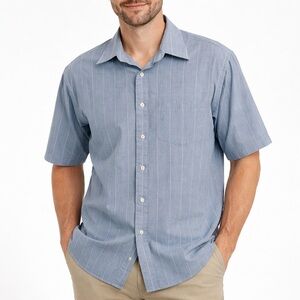 VTG John Weitz Mens 80s Button Down Short Sleeve Shirt Blue Pinstripe Relaxed L